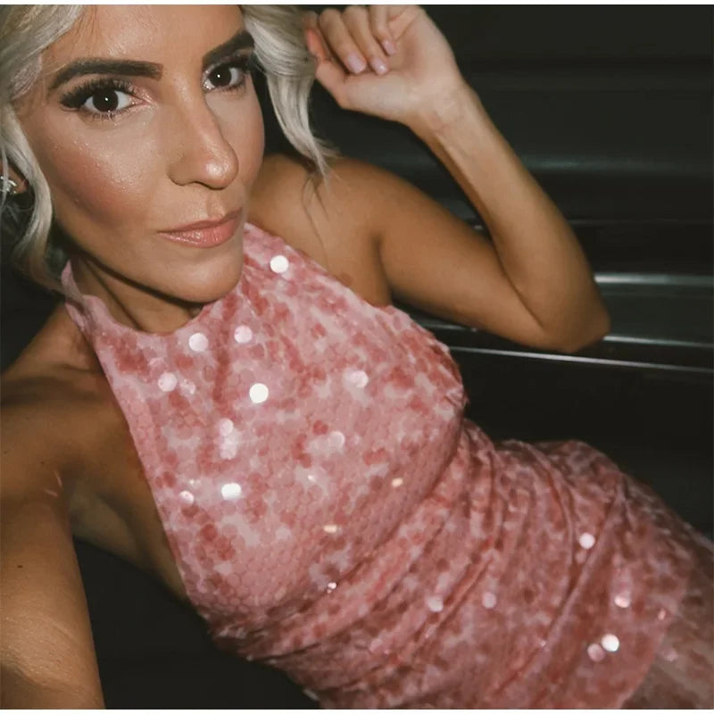Halter Sequin Mini Dresses Sexy Sleeveless Backless Women Party Gown Fashion Solid Color Shiny Hanging Neck Beach Short Dresses