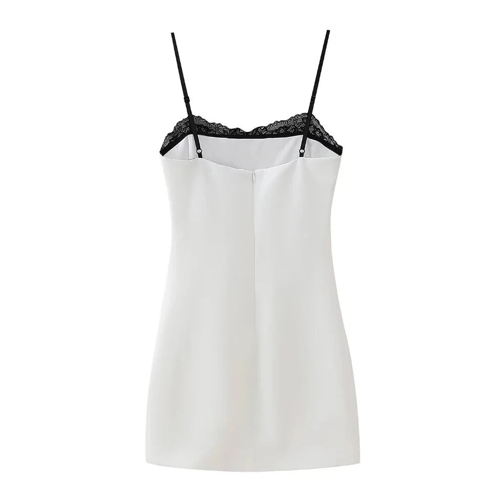 TRAFZA Women Sexy Lace Splicing Dress Fashion Slim Strapless Spaghetti Straps Mini Dresses Evening Party Sexy Short Dresses
