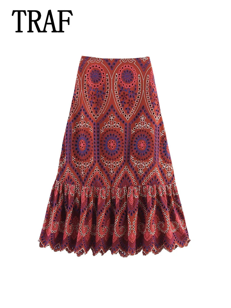 TRAF Women Embroidery Hollow Out Suit 2025 Summer Casual Chic O-Neck Fashion Sleeveless Top Long Skirt Fashion Suit