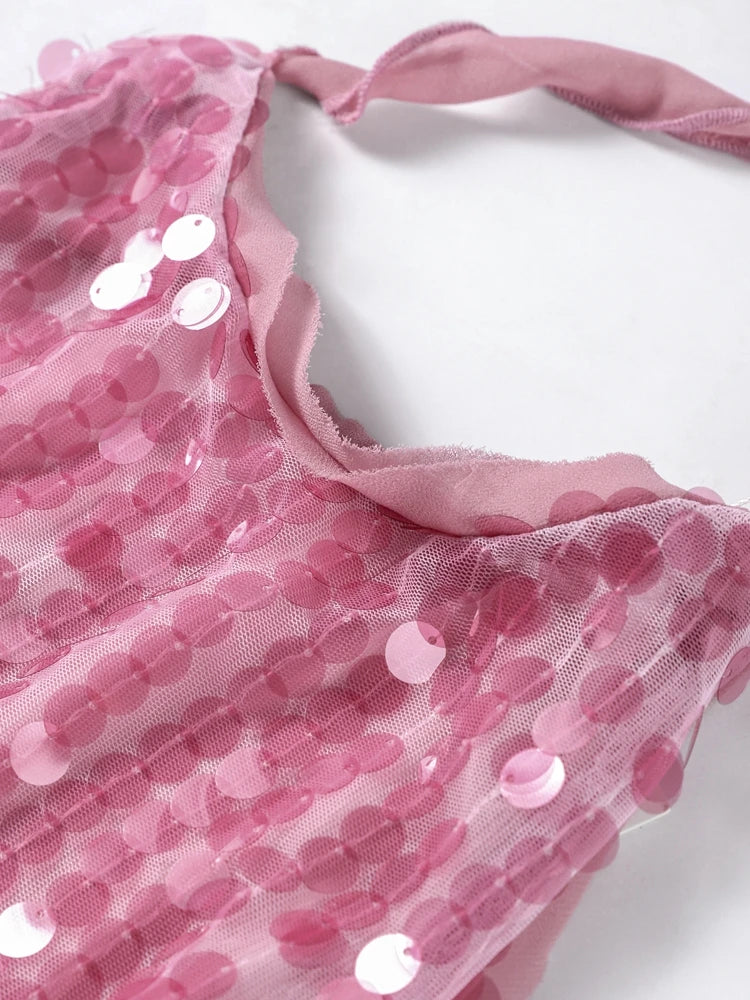 Halter Sequin Mini Dresses Sexy Sleeveless Backless Women Party Gown Fashion Solid Color Shiny Hanging Neck Beach Short Dresses