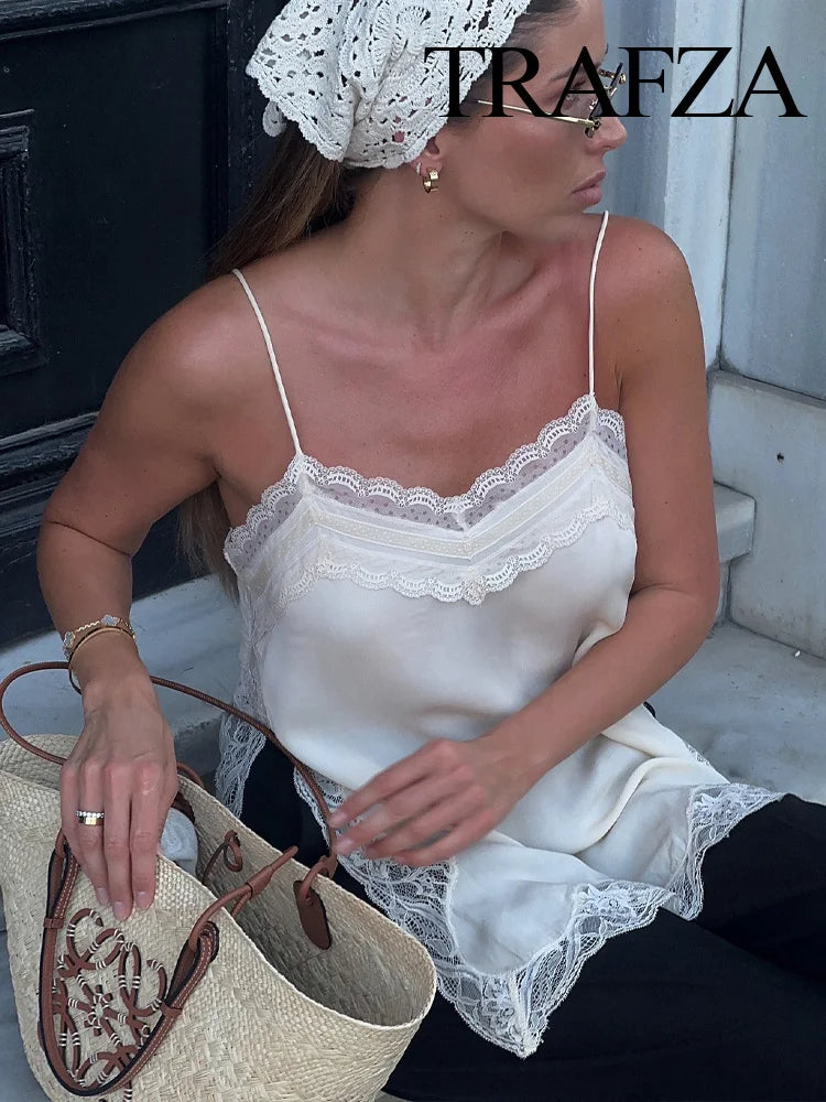 TRAFZA Female 2025 Summer Fashion V-neck Lace Spliced Split Sling Top Women Chic Sexy Backless Party Style Casual Camisole Top