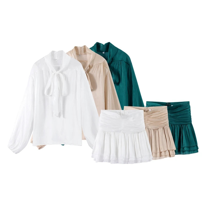 Bow Lace Up Top Pleated Short Skirt Two Piece Sets Casual Fashion Shirt Glitter Blouse High Waist Half Skirts Women's Clothing
