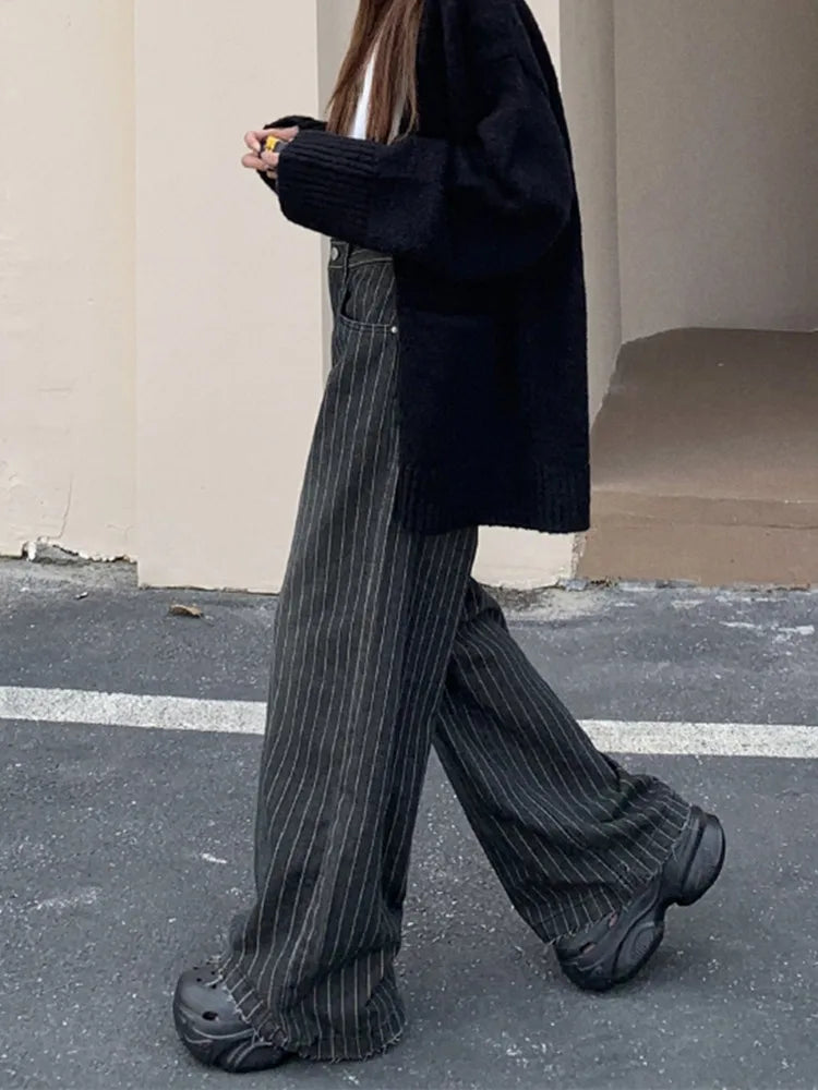 2024 Ropa Y2K Fashion Vintage Striped Wide Leg Baggy Jeans Pants For Women Clothes Straight Washed Black Casual Lady Trousers