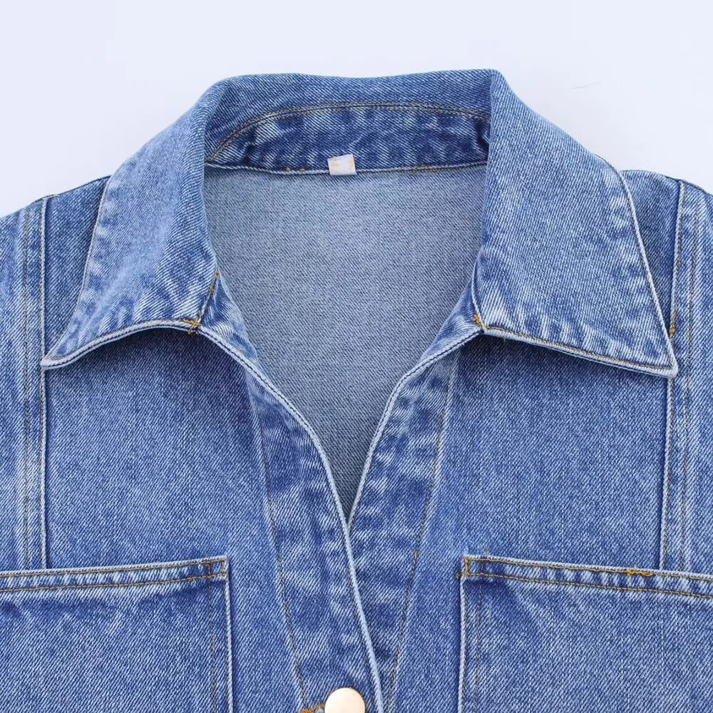 TRAF Women's Short Lapel Denim Shirt + Irregular Fashion Short Skirt Pants Vintage Casual Denim Suit Commuter High Street Suit