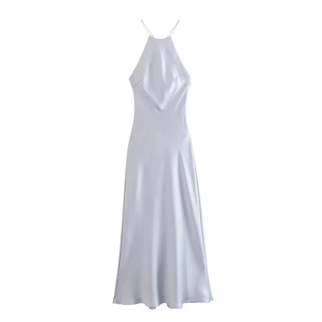 TRAFZA 2024 Women Fashion Sexy Backless Solid Green Satin Dress Sleeveless Halter Neck Slim Dress Eveninig Party Mujer Vestidos