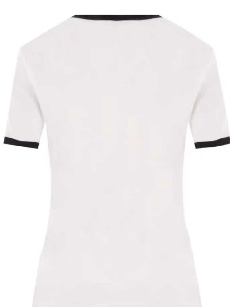 American Retro Short Sleeve T-shirt Women Streetwear Slim Fit Casual Embroidery Print Top Y2k Lady Korean Fashion Summer Clothes