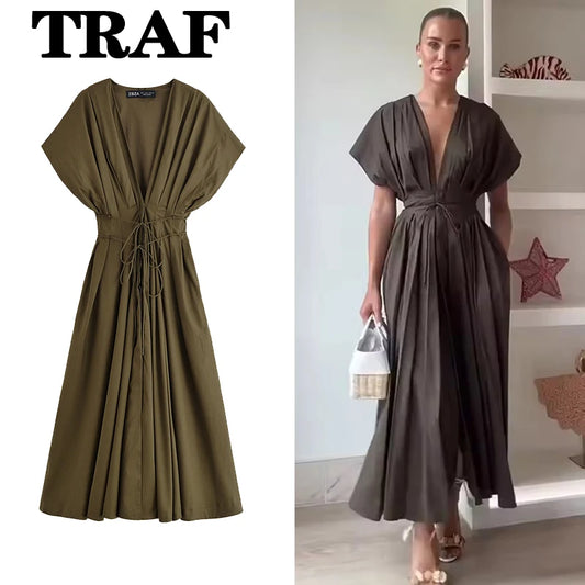 TRAF  Vintage Casual Chic Pleated Lace Up Dress Women Fashion Short Sleeve Slim  Long Dresses Female Summer Holiday Party Dress