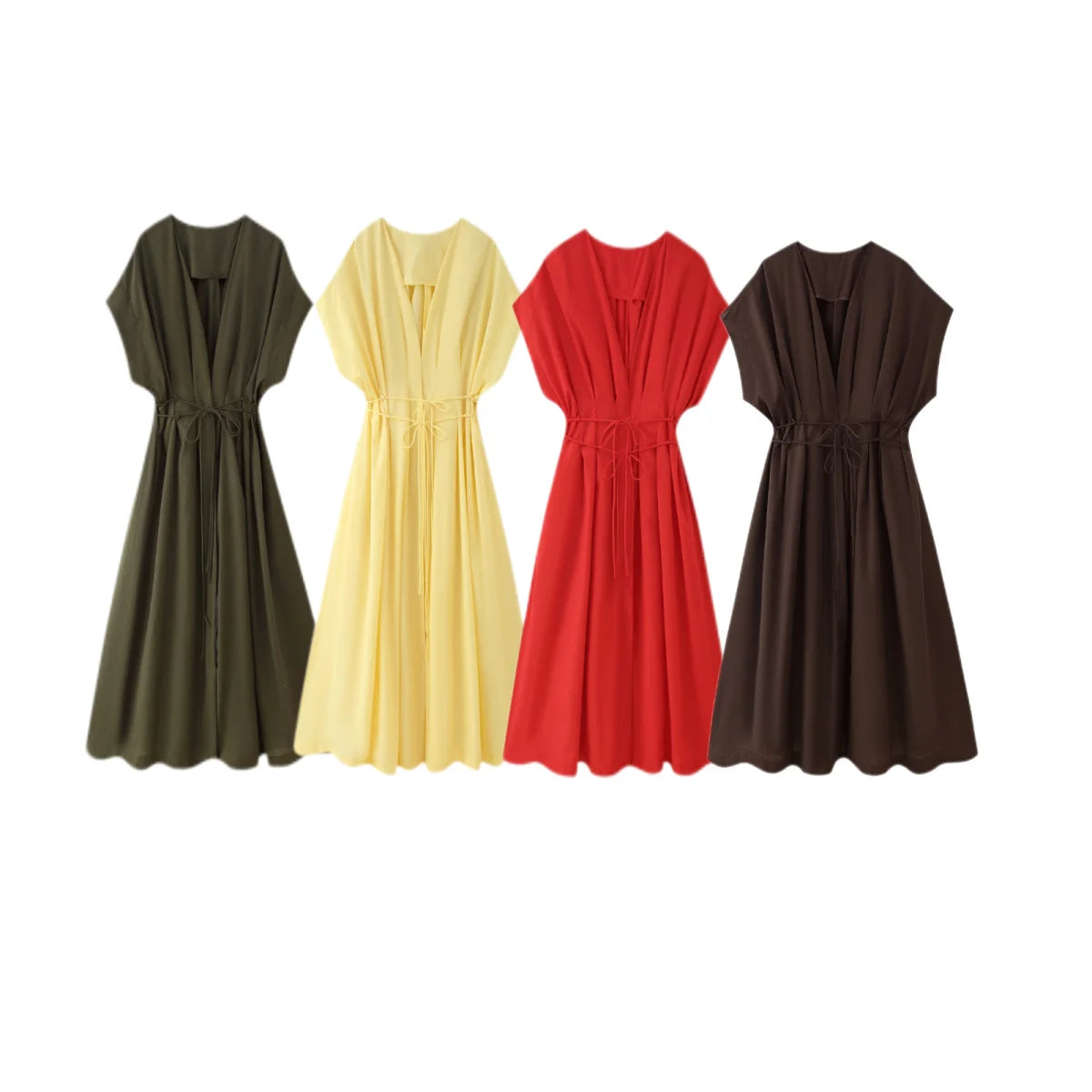 TRAFZA 2025 Spring Summer Vintage Women Dresses Fashion Single Breasted Sashes Draped V Neck Sleeveless Solid Ladies Dresses