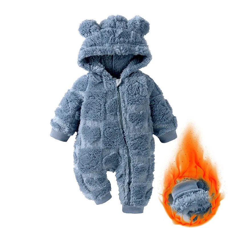 Cartoon Baby Clothes Boy Romper Long Sleeve Arctic Velvet Hooded Baby Girl Romper Winter Warm  Newborn Clothes 0-18 Months