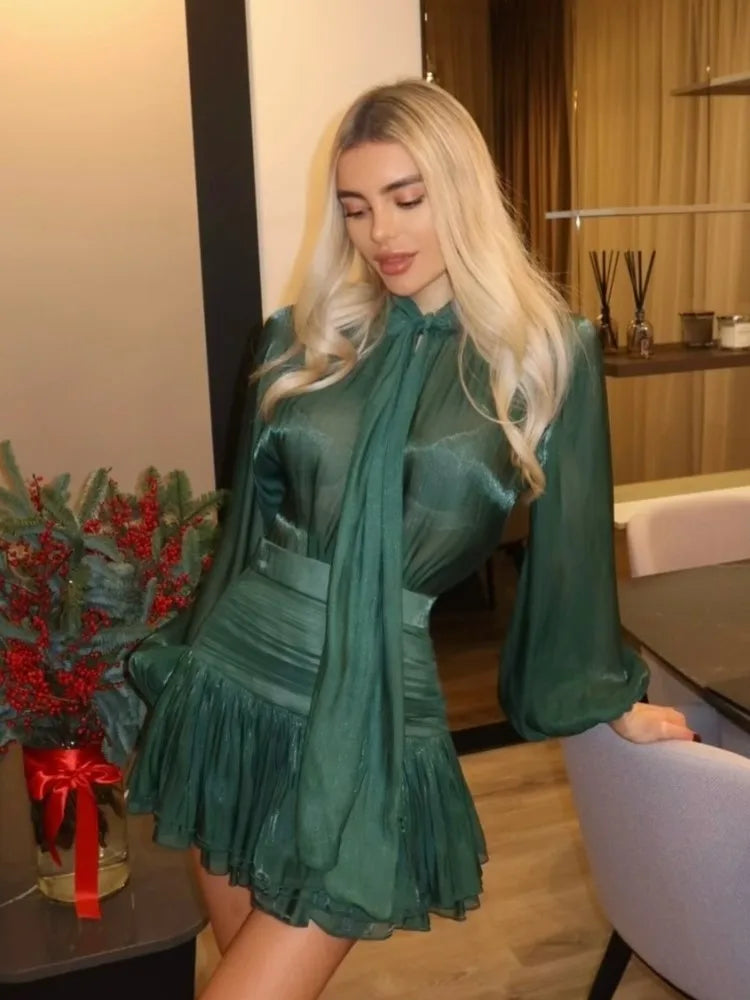 Bow Lace Up Top Pleated Short Skirt Two Piece Sets Casual Fashion Shirt Glitter Blouse High Waist Half Skirts Women's Clothing