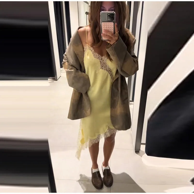 Sexy Sling Satin Dress Women V Neck Backless Patchwork Lace Vestidos Female 2025 Summer Chic Fashion Evening Party Dresses