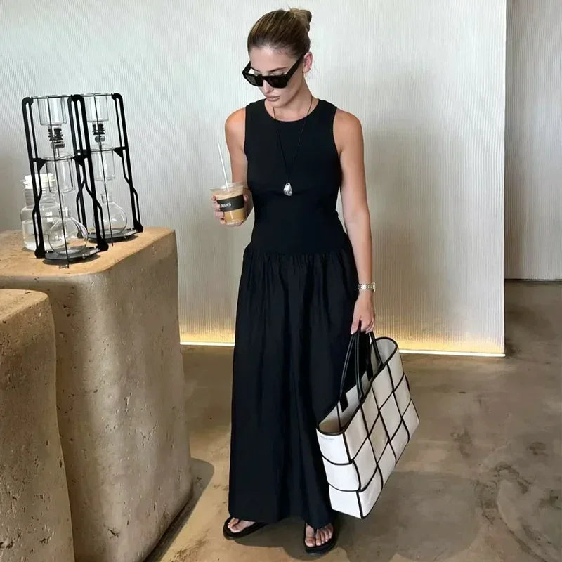 Khaki Elegant Long Dresses 2025 Women's Spring Sleeveless Black Dresses Fashion Casual Party  Dress Vestidos For Female