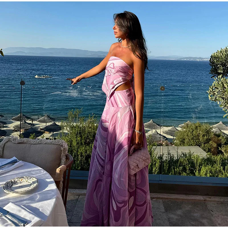 Geometric Print Cape Women's Set Loose Batwing Sleeve Top Flowy Maxi Skirt 2025 Summer Elegant Suit Holiday Fashion Lady Sets