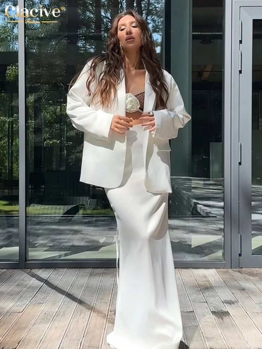 Clacive Fashion Loose White Satin 2 Piece Sets Women Outfit 2025 Elegant Long Sleeve Shirt With High Waist Long Skirt Set Female