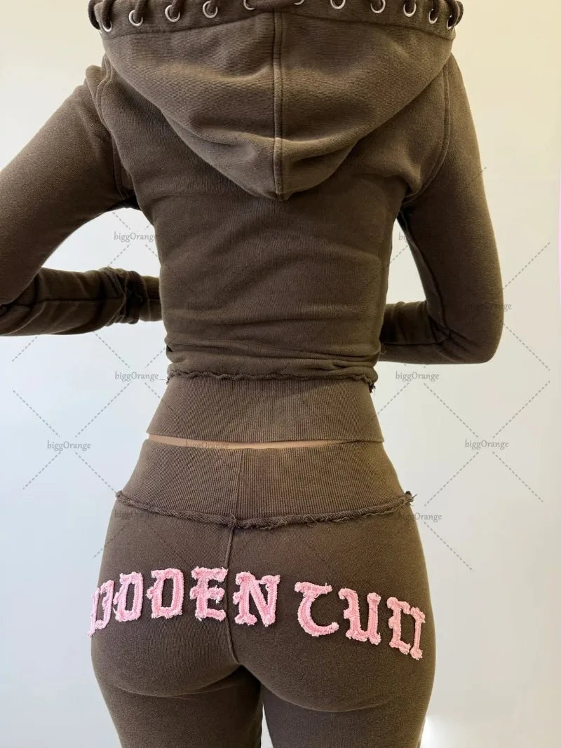 Street European and American Hip-hop Sexy Ladies Suit Letter Embroidery Fashion Harajuku Zipper Hoodie Casual Loose Sports Pants