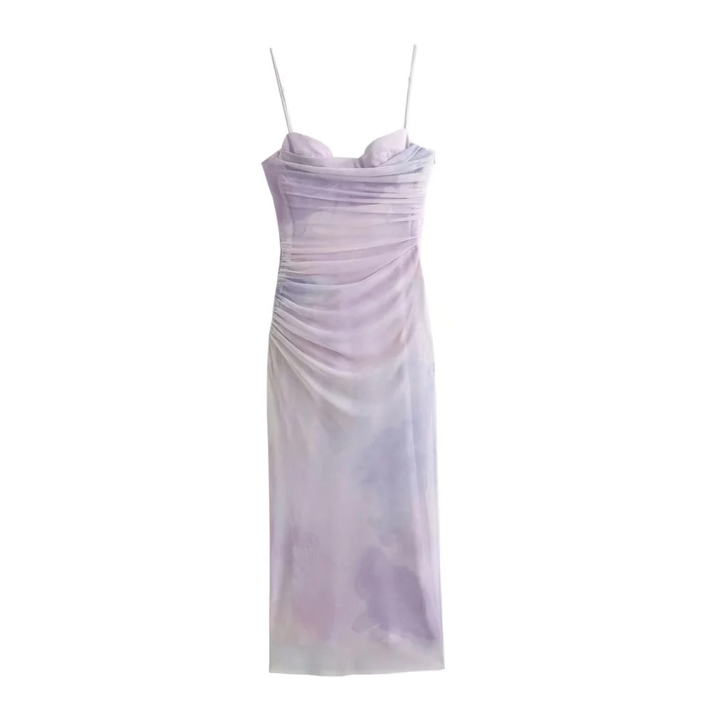 PB&ZA 2024 Spring New Women's Fashionable and Stylish Style Slim Fit Folded Printed Silk Mesh Sling Dress