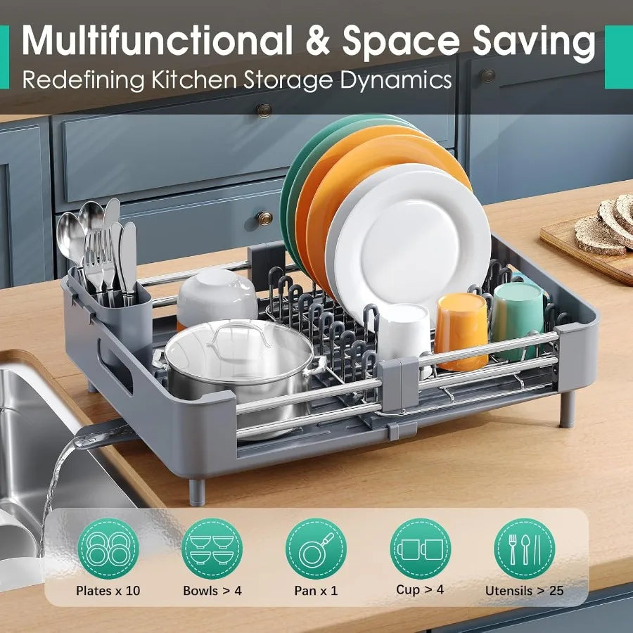 Dish Drying Rack for Kitchen Counter Extendable Dish Rack with Drainboard Expandable Dish Drainer Collapsible Dish Strainer wit