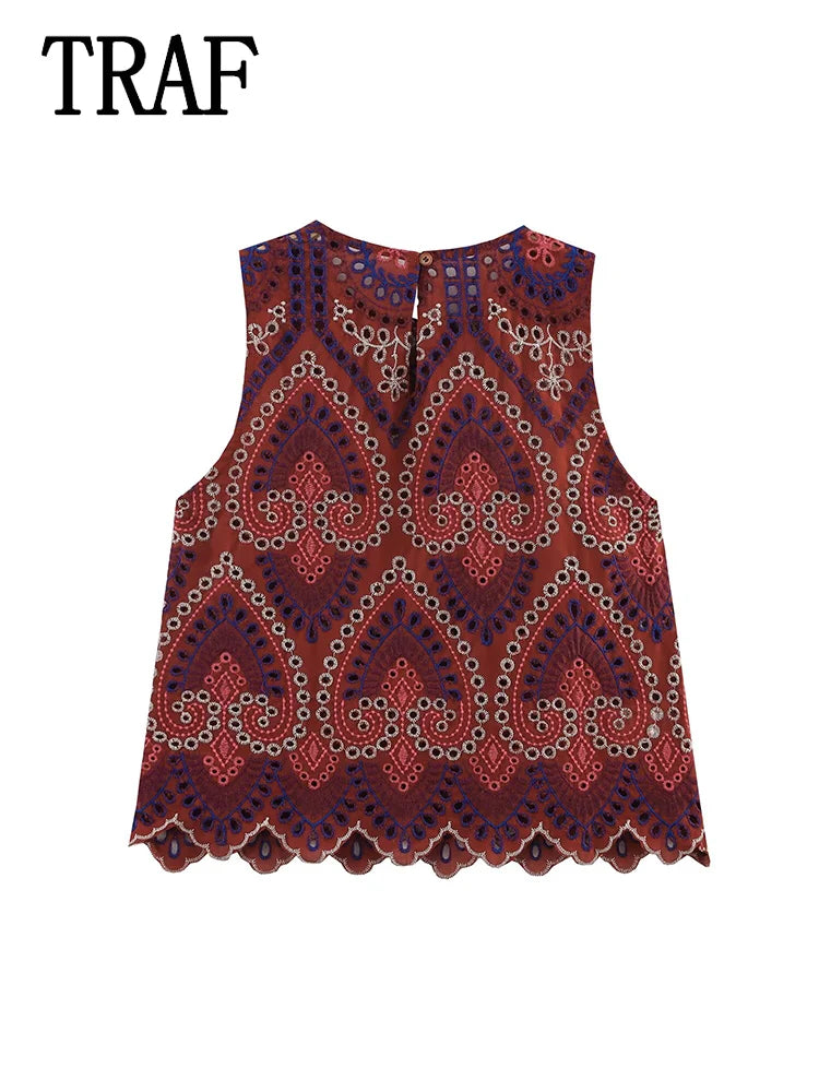 TRAF Women Embroidery Hollow Out Suit 2025 Summer Casual Chic O-Neck Fashion Sleeveless Top Long Skirt Fashion Suit