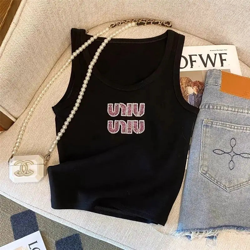 Women Summer Fashion Letter Diamonds Solid Color Slim Knitting Tank Top Ladies Simplicity Office Lady All-match Sleeveless Tops