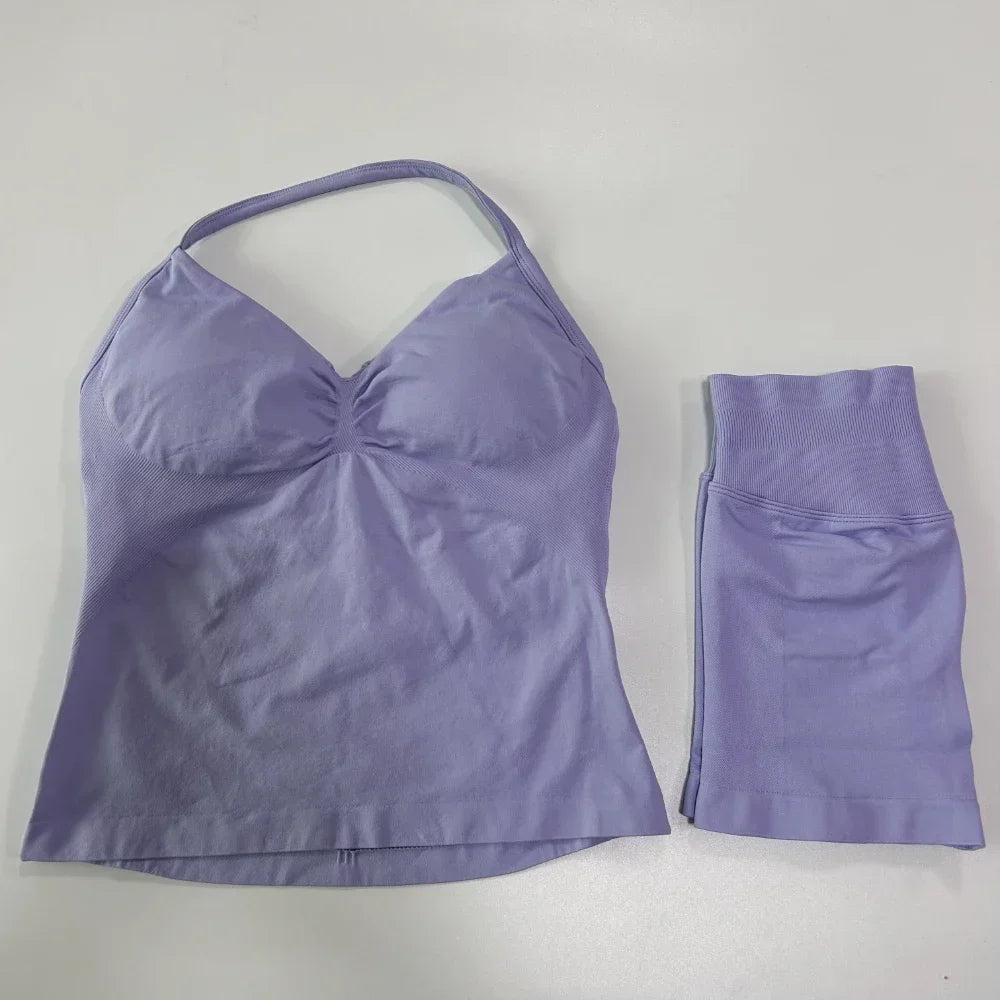 2 sets of sportswear, peach-bottomed shorts set, drawstring top, seamless impact tight shorts, yoga outfit, fitness set