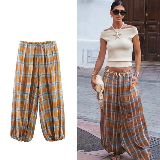 Casual Chic Lantern Pants Women Pants Side Pockets Long Straight Loose Pants Fashion 2025 Autumn Printed Trousers