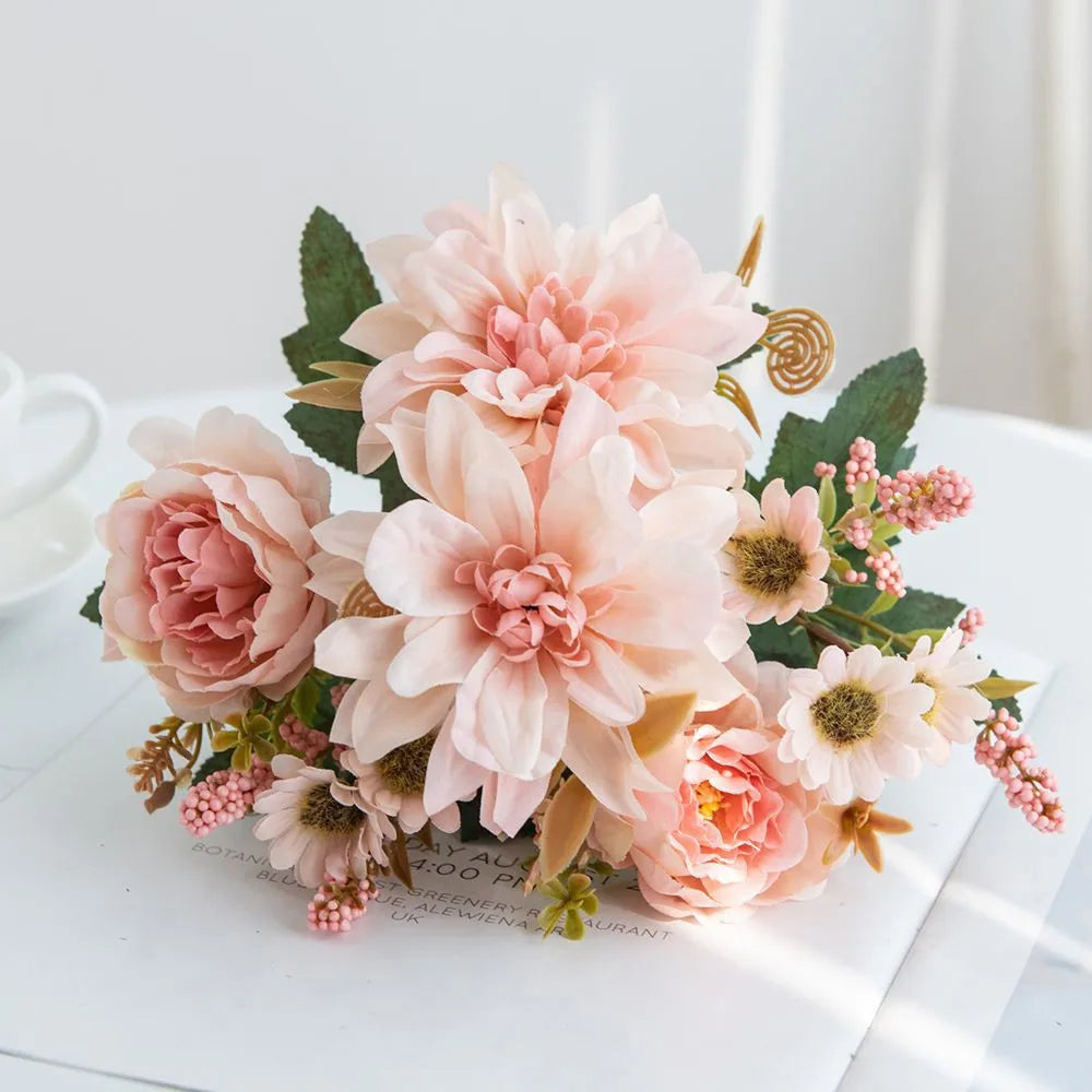 Hot sales Artificial Flowers Silk Dahlia Rose daisy Festival Home Wreath Decoration Bonsai Room Wedding Bridal Bouquet Diy gift