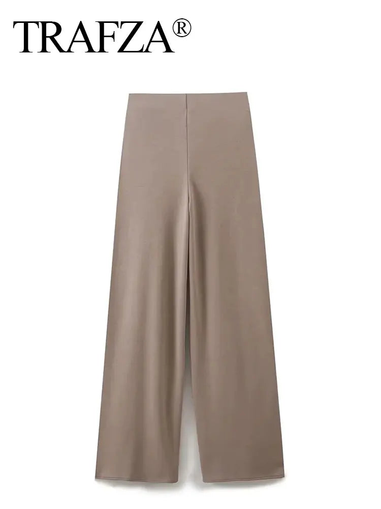 TRAFZA Women Fashion Vintage Solid Wide Leg Pants Elastic Waist Loose Casual Trousers For Woman 2024 Basic Pant