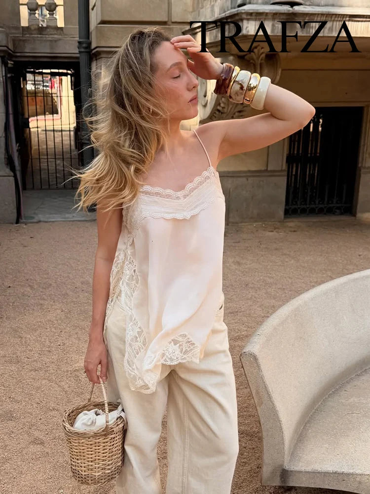 TRAFZA Female 2025 Summer Fashion V-neck Lace Spliced Split Sling Top Women Chic Sexy Backless Party Style Casual Camisole Top