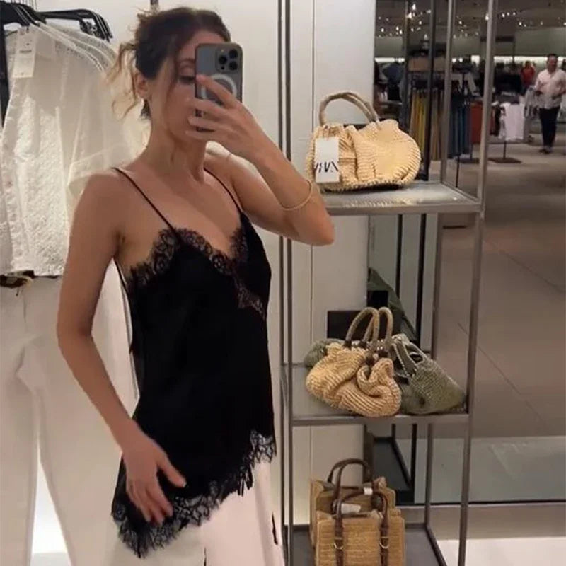 Y2K Sleeveless Backless Women Tank Tops Fashion Summer Lace Satin Patchwork Camisole Vest Chic New Evening Party Lady Top Street