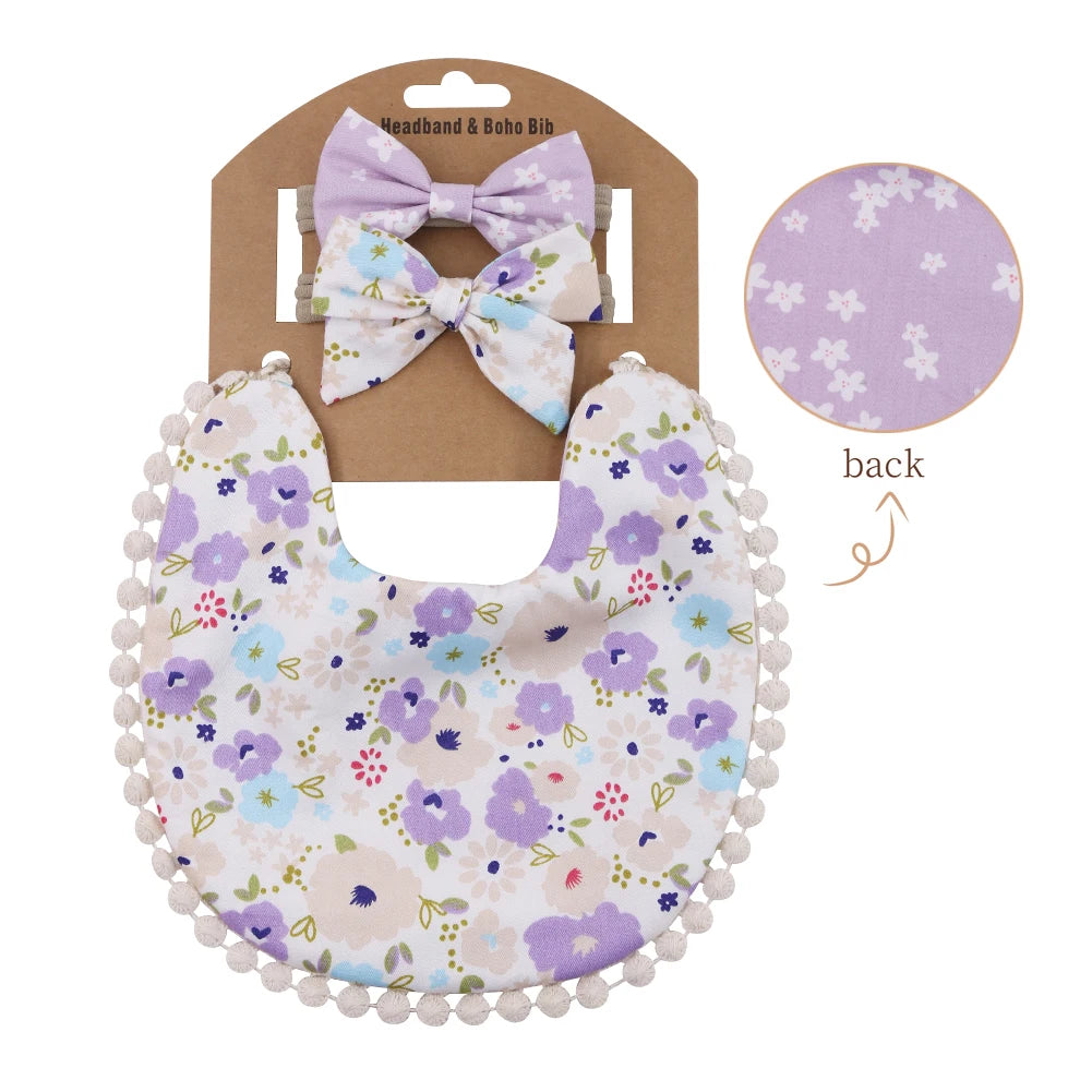 3Pcs/Set Flower Print Cotton Linen Baby Boy Girl Bibs Elastic Nylon Headband Double-Deck Saliva Towel Feeding Bandana Apron Burp