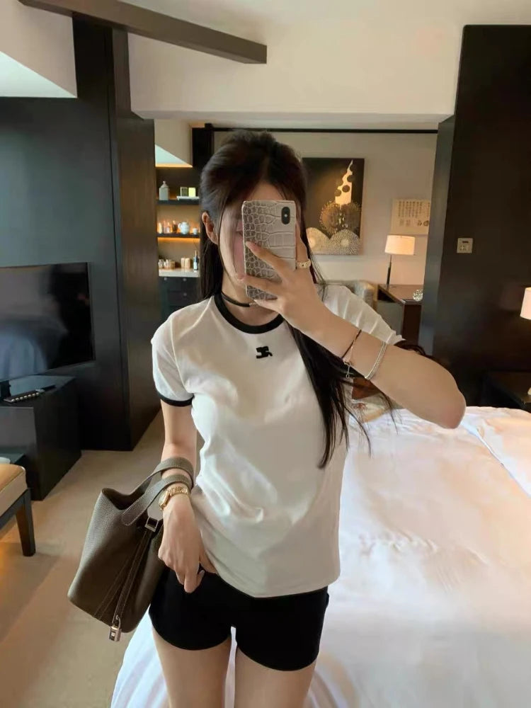 American Retro Short Sleeve T-shirt Women Streetwear Slim Fit Casual Embroidery Print Top Y2k Lady Korean Fashion Summer Clothes