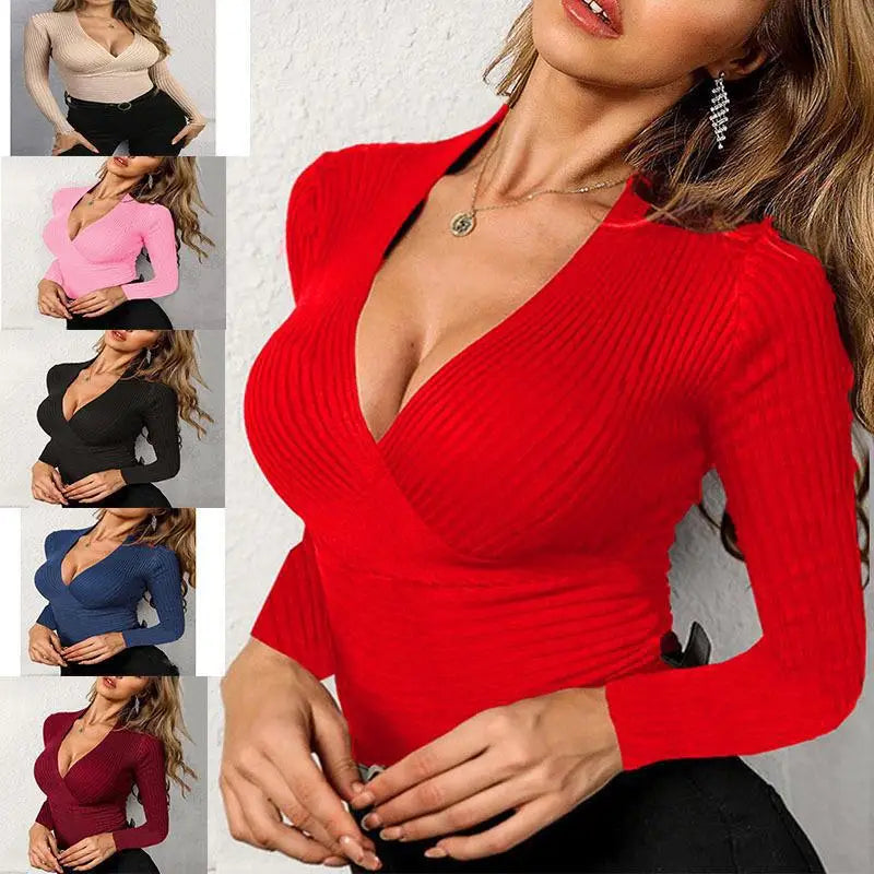 Women's 2025 Autumn Trendy Fashion Solid Color Knit V-Neck Long Sleeve Temperament Commuter Slim Slim Top