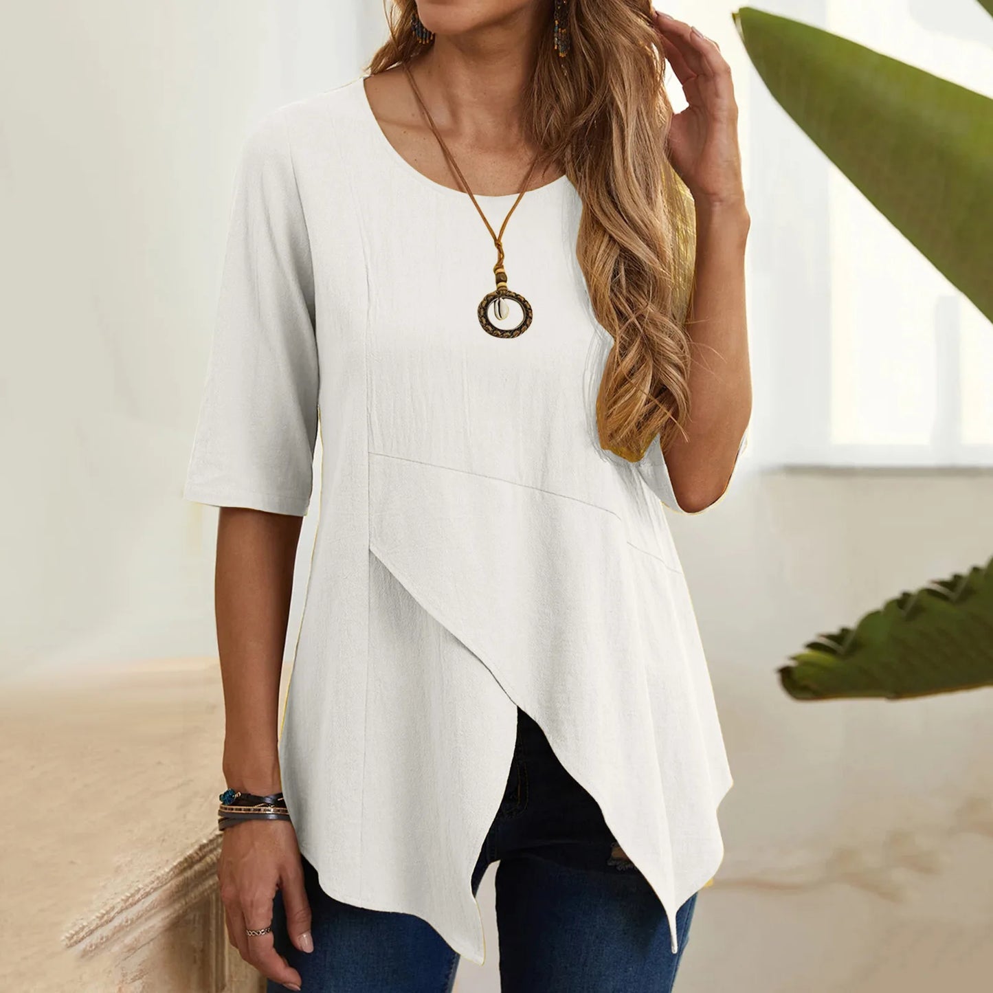 New women's clothing with fashionable temperament, casual commuting elegance, irregular slimming, mid sleeves, cotton and linen