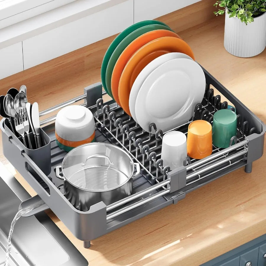 Dish Drying Rack for Kitchen Counter Extendable Dish Rack with Drainboard Expandable Dish Drainer Collapsible Dish Strainer wit