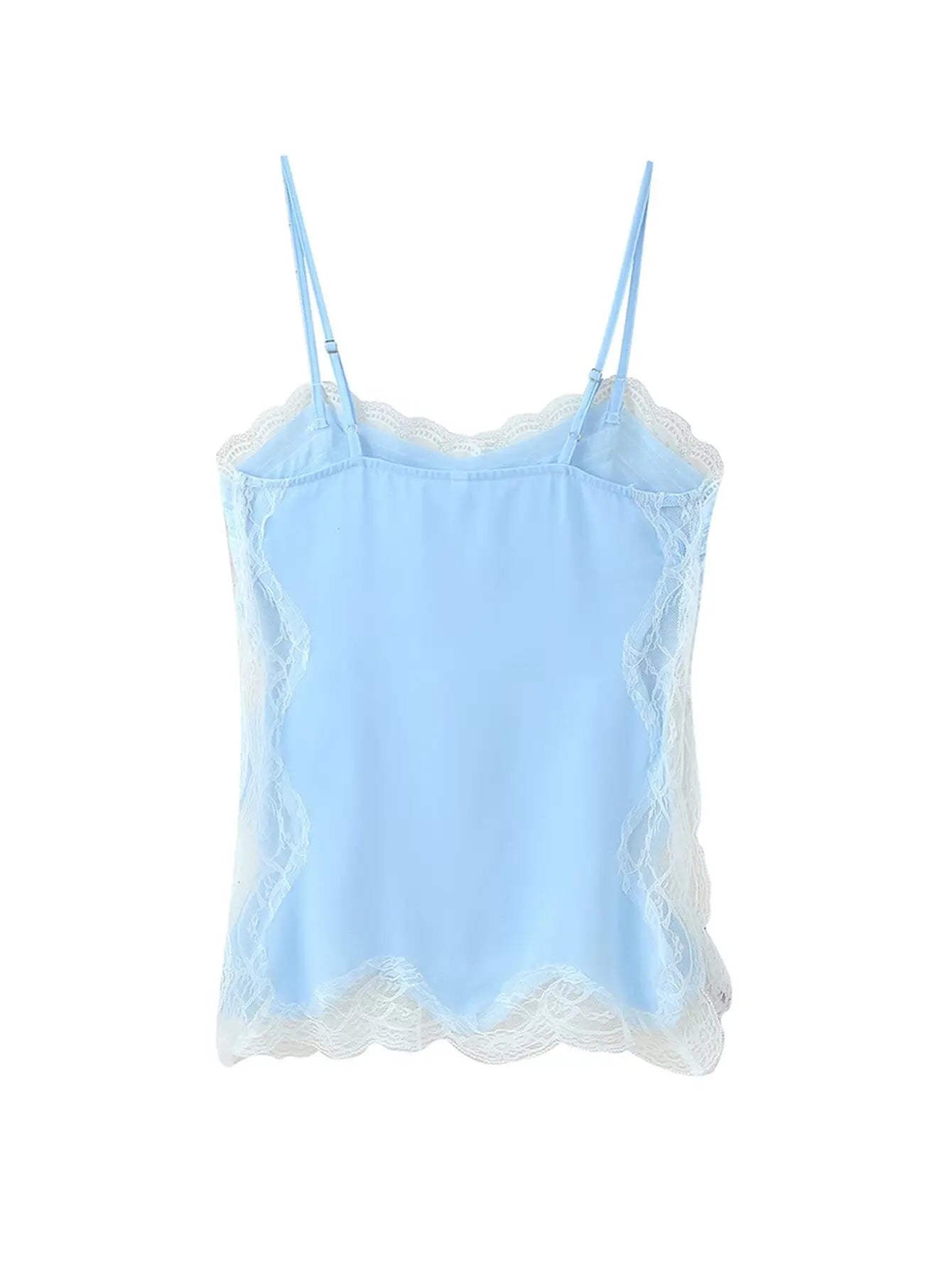 TRAFZA Female 2025 Summer Fashion V-neck Lace Spliced Split Sling Top Women Chic Sexy Backless Party Style Casual Camisole Top