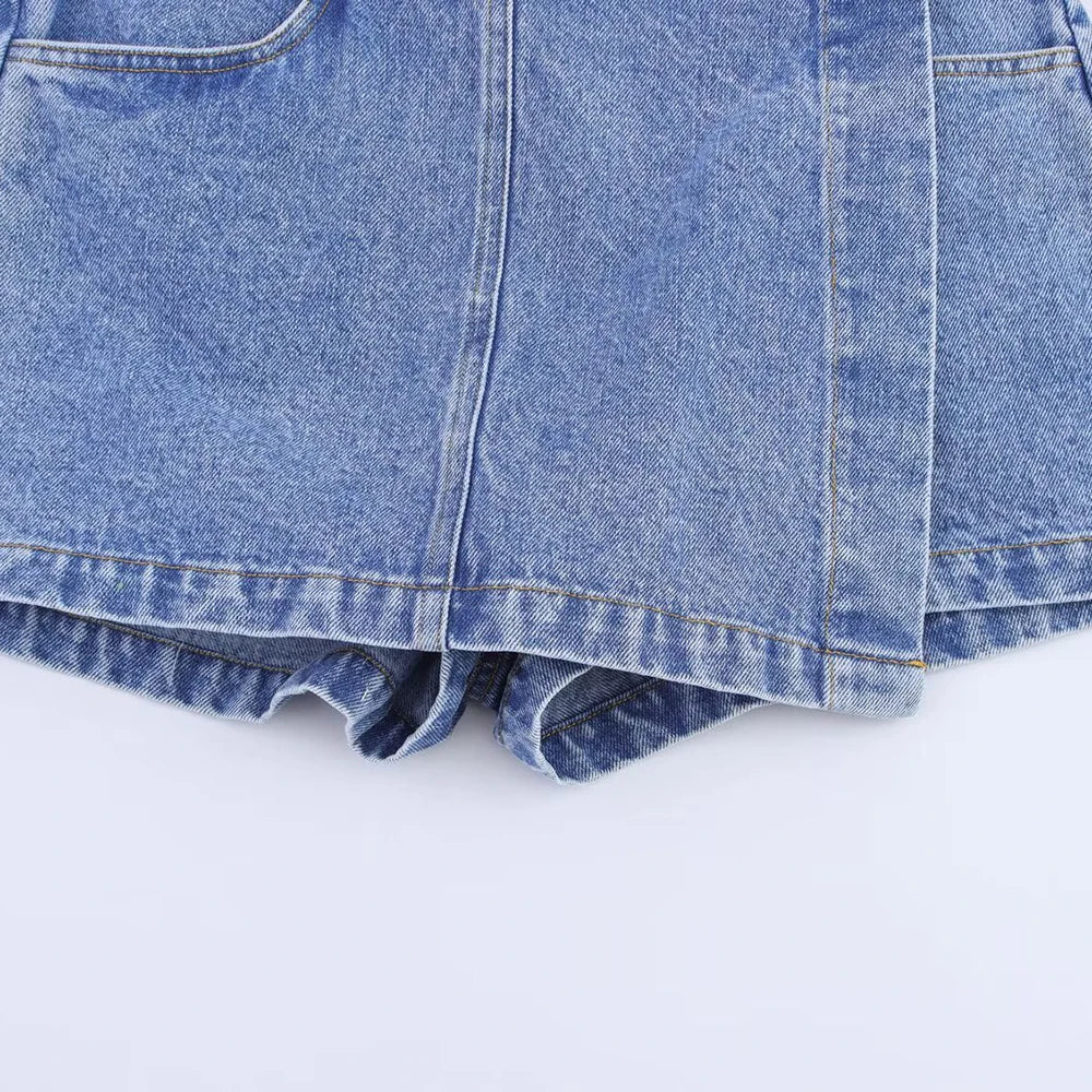 TRAF Women's Short Lapel Denim Shirt + Irregular Fashion Short Skirt Pants Vintage Casual Denim Suit Commuter High Street Suit