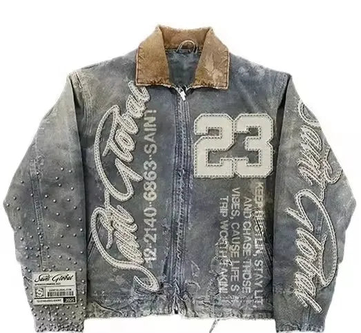 American Mens Womens Washed Denim Jackets and Jeans Two Piece Y2K Clothes Letter Patch Embroidery Rhinestone Casual Denim Suits