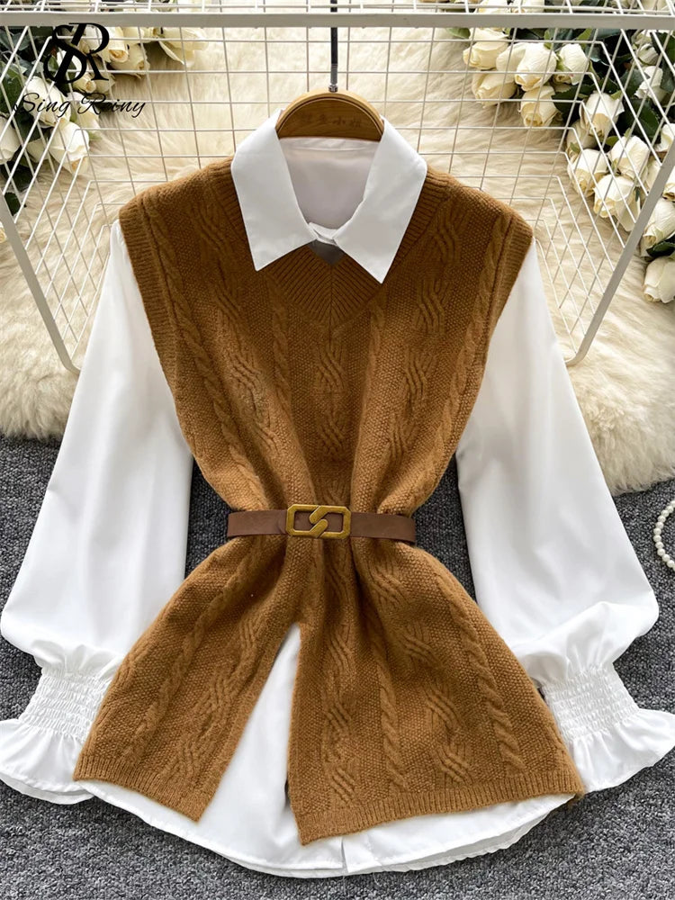 SINGREINY Korean Style Casual Tops Suits Lantern Sleeve Loose Shirt+Knitting Sweater Split Vest 2025 Women Autumn Basic Blouse