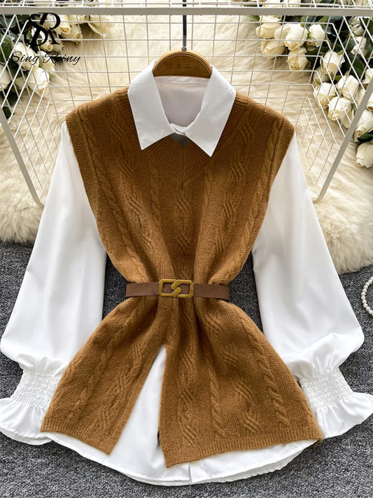 SINGREINY Korean Style Casual Tops Suits Lantern Sleeve Loose Shirt+Knitting Sweater Split Vest 2025 Women Autumn Basic Blouse