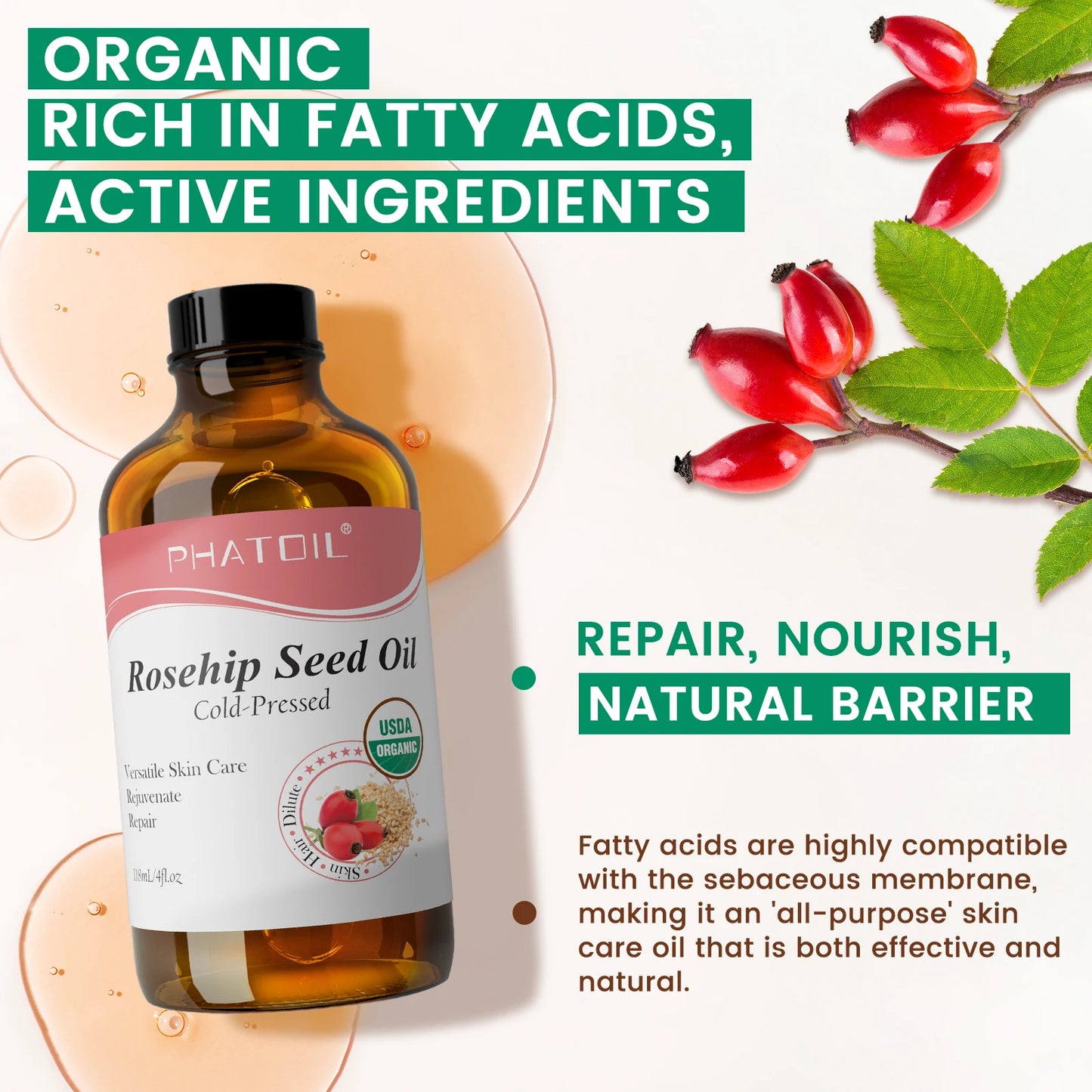 PHATOIL 118ml Organic Jojoba Oil Cold Pressed Pure Natural Rosehip Seed Carrier Oil Moisturizing for Face, Hair, Skin & Nails
