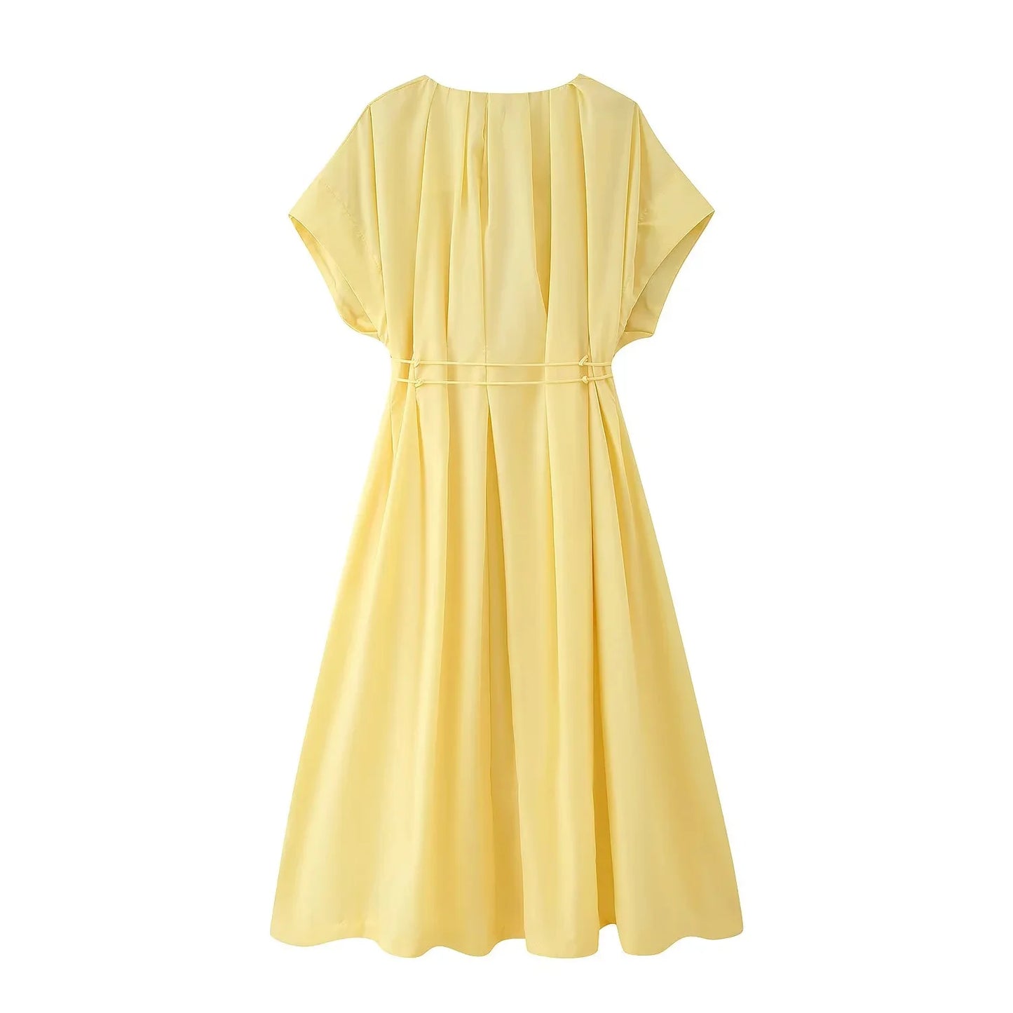 TRAFZA 2025 Spring Summer Vintage Women Dresses Fashion Single Breasted Sashes Draped V Neck Sleeveless Solid Ladies Dresses