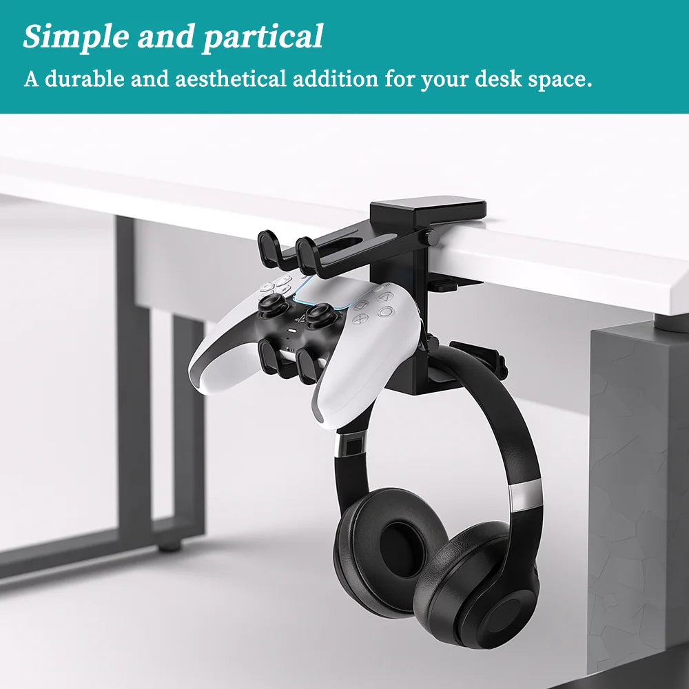 2 In 1 PC Gaming Headphone Stand Adjustable Save Space Rotation Desk-Sided Clamp Headset Support Earphone Holder