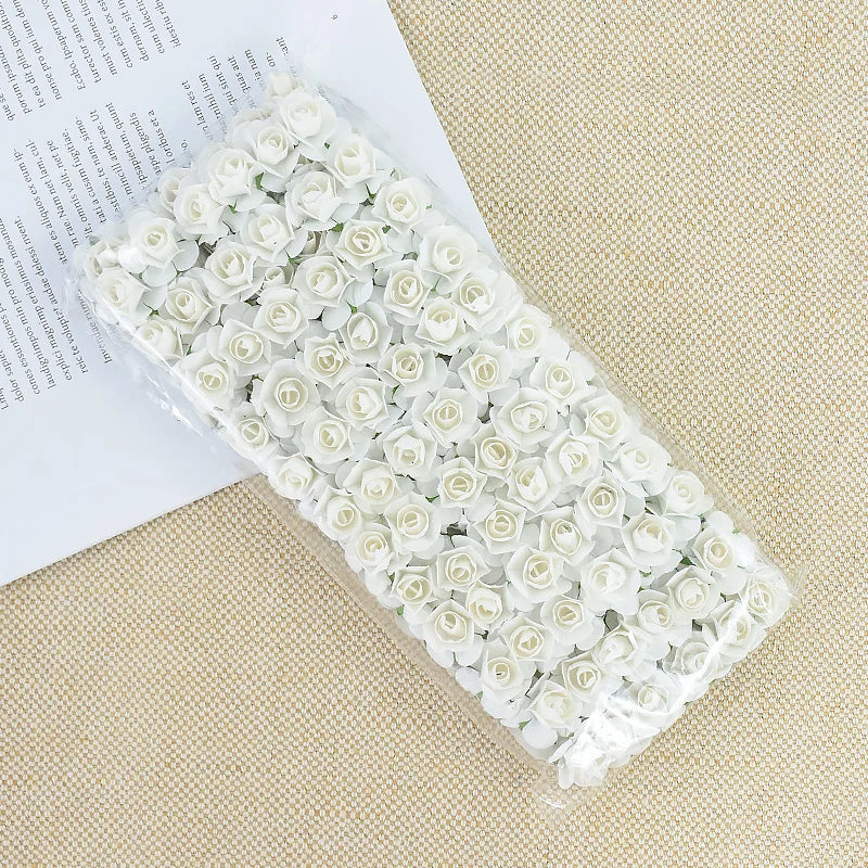 144pcs 2cm Artificial Mini Paper Rose Bouquet for Wedding Party Decoration Home DIY Wreath Gifts Scrapbooking Craft Fake Flowers