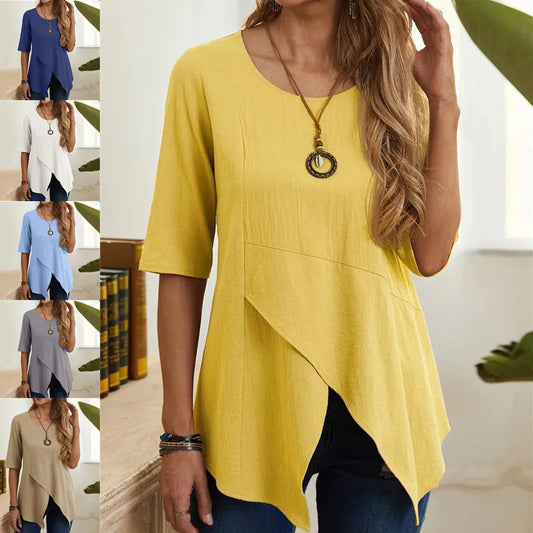 New women's clothing with fashionable temperament, casual commuting elegance, irregular slimming, mid sleeves, cotton and linen