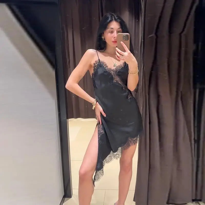 Sexy Sling Satin Dress Women V Neck Backless Patchwork Lace Vestidos Female 2025 Summer Chic Fashion Evening Party Dresses