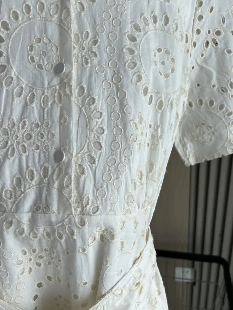 ETJ 2025 new TRAF women's elegant fashion hollow embroidery cotton shirt lapel short-sleeved dress temperament long skirt