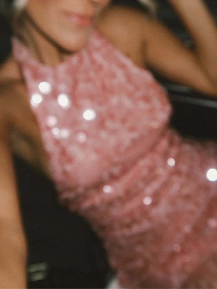 Halter Sequin Mini Dresses Sexy Sleeveless Backless Women Party Gown Fashion Solid Color Shiny Hanging Neck Beach Short Dresses