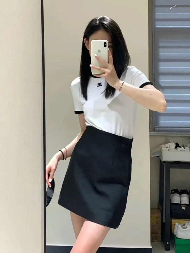 American Retro Short Sleeve T-shirt Women Streetwear Slim Fit Casual Embroidery Print Top Y2k Lady Korean Fashion Summer Clothes