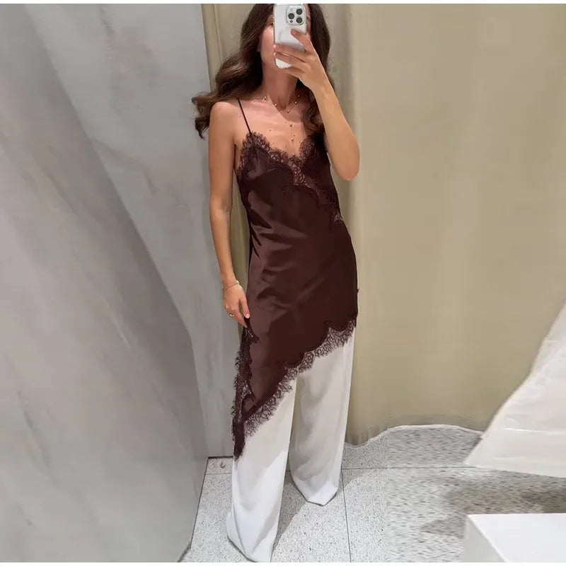 Sexy Sling Satin Dress Women V Neck Backless Patchwork Lace Vestidos Female 2025 Summer Chic Fashion Evening Party Dresses