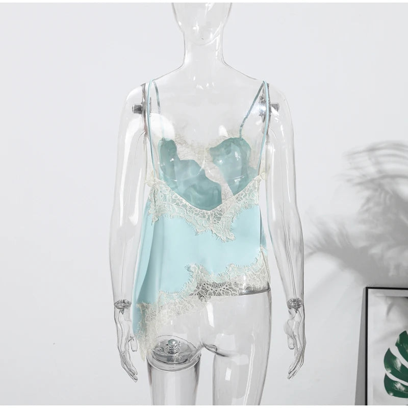 Sexy Lace Sling Tops Women Loose V Neck Sleeveless Backless See Through Top Female 2025 Summer Fashion Chic Solid Streetwears